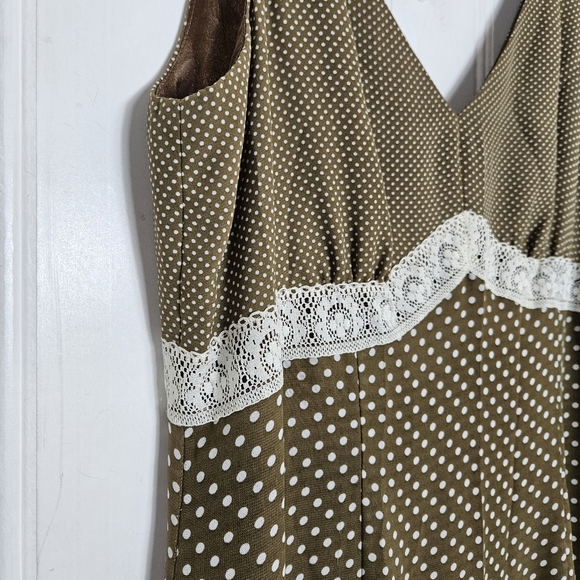 Signature by Robbie Bee Midi Dress Womens Sz 10 Brown Polka Dot Lace Trim - Picture 6 of 15